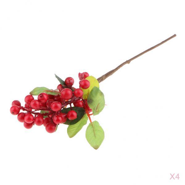 4x Plastic Artificial Fake Plant Fruit Berries Branches Home Cafe Decor Red