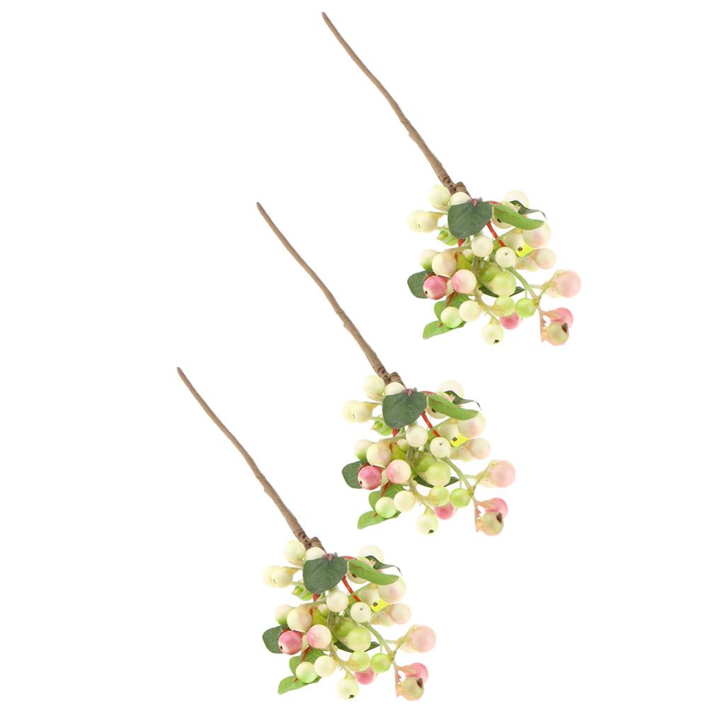 3x Plastic Artificial Fake Plant Fruit Berries Branches Home Cafe Decor Pink