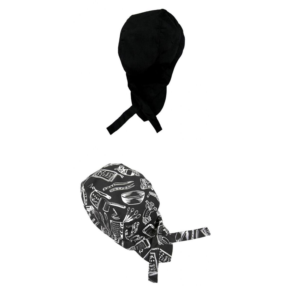 2 Pieces Catering Kitchen Chef Pirate Hat Skull Cap Tie Back Headwrap, Woman