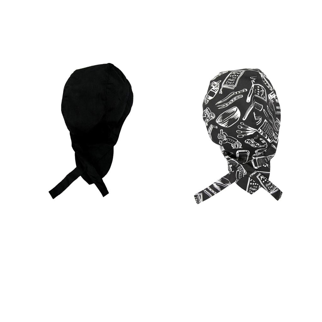 2 Pieces Catering Kitchen Chef Pirate Hat Skull Cap Tie Back Headwrap, Woman