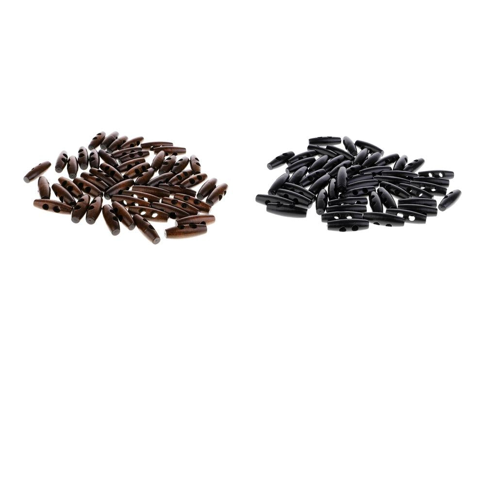 100Pcs Wood Sewing Horn Toggle Buttons Cloth Accessories 2 Holes Black Brown