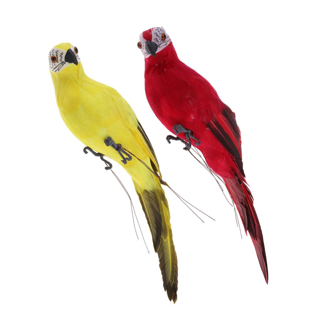 2x Realistic Parrot Artificial Feather Bird Animal Ornament Decor Red+Yellow