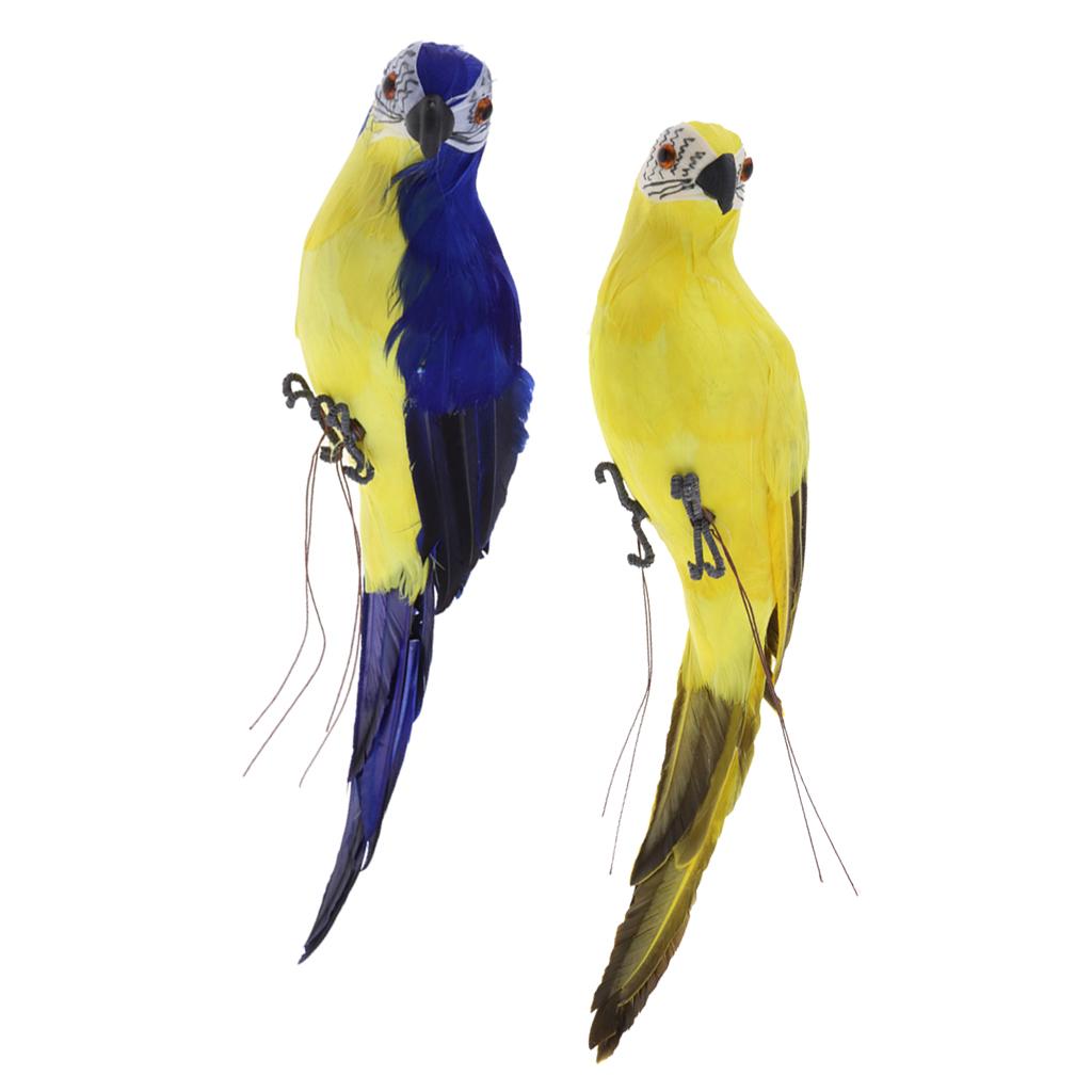 2x Realistic Parrot Artificial Feather Bird Animal Ornament Blue & Yellow
