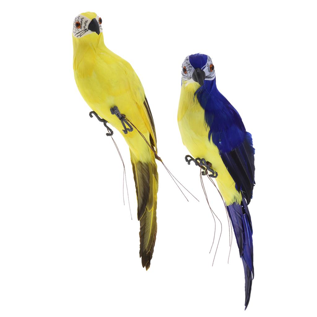 2x Realistic Parrot Artificial Feather Bird Animal Ornament Blue & Yellow