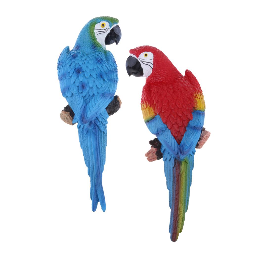 2x Realistic Parrot Resin Bird Animal 31cm Blue Look Right + Red Look Left