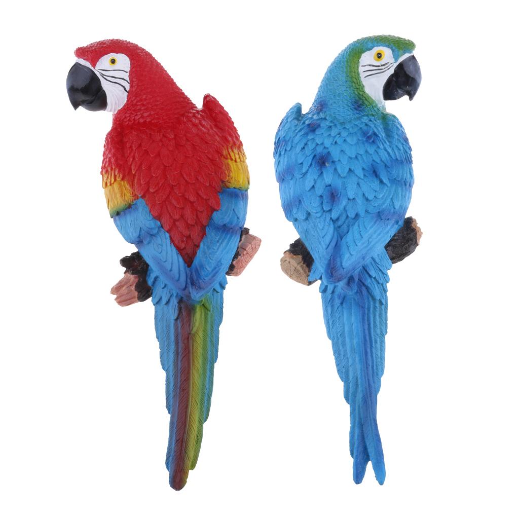 2x Realistic Parrot Resin Bird Animal 31cm Blue Look Right + Red Look Left