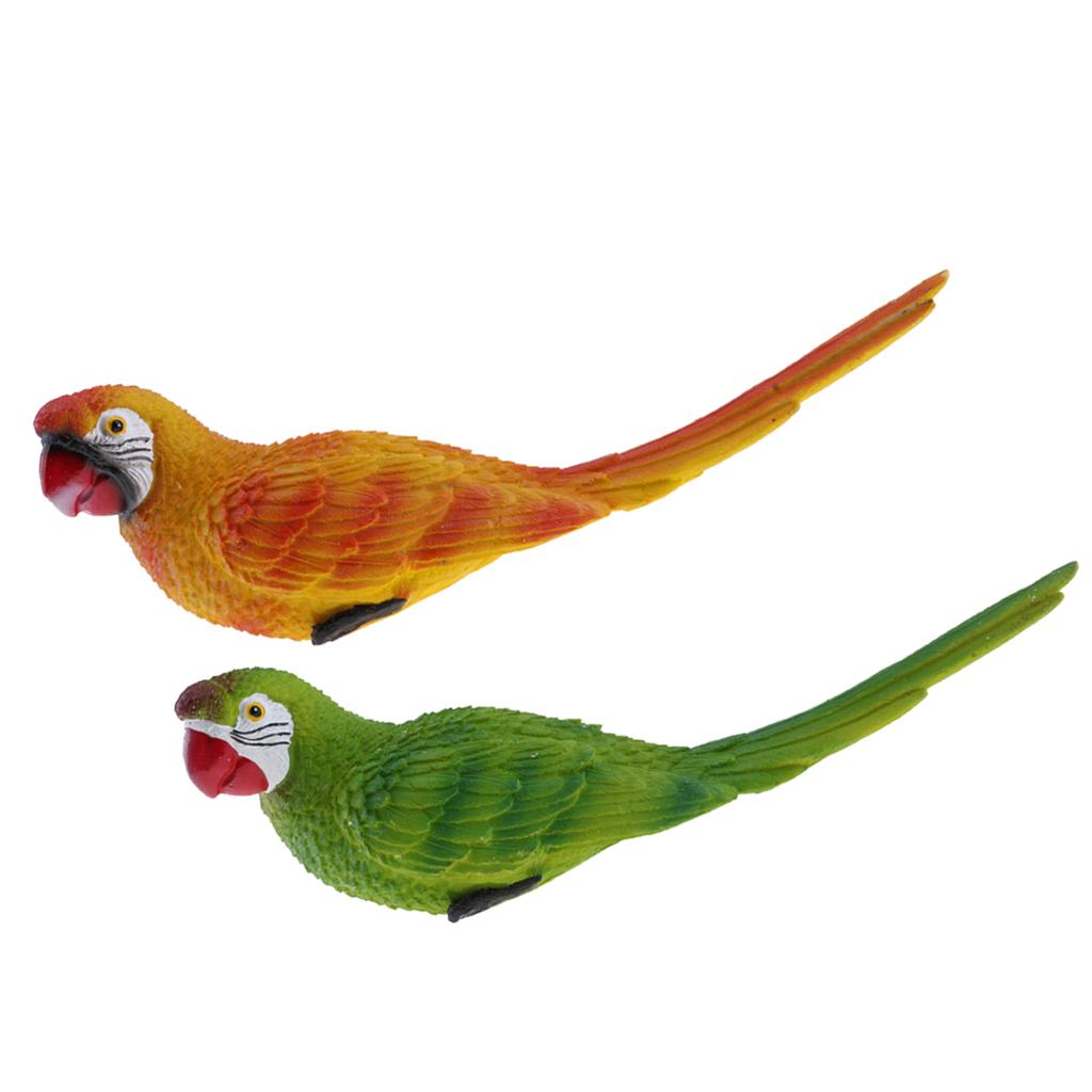 2x Realistic Parrot Resin Birds Animal Ornament 29cm Lying Yellow & Green
