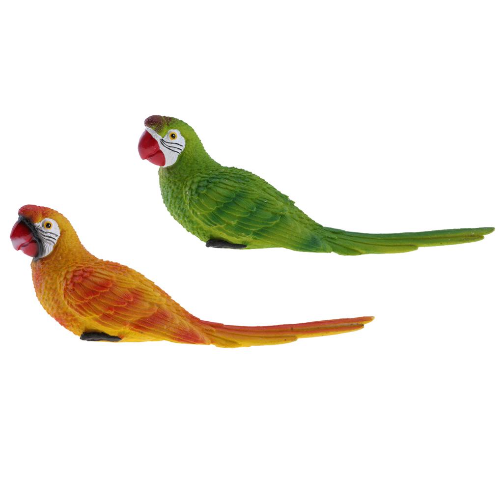 2x Realistic Parrot Resin Birds Animal Ornament 29cm Lying Yellow & Green