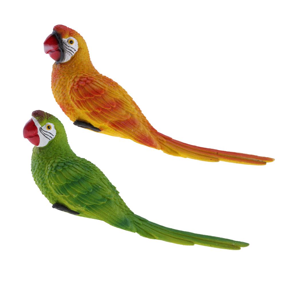 2x Realistic Parrot Resin Birds Animal Ornament 29cm Lying Yellow & Green