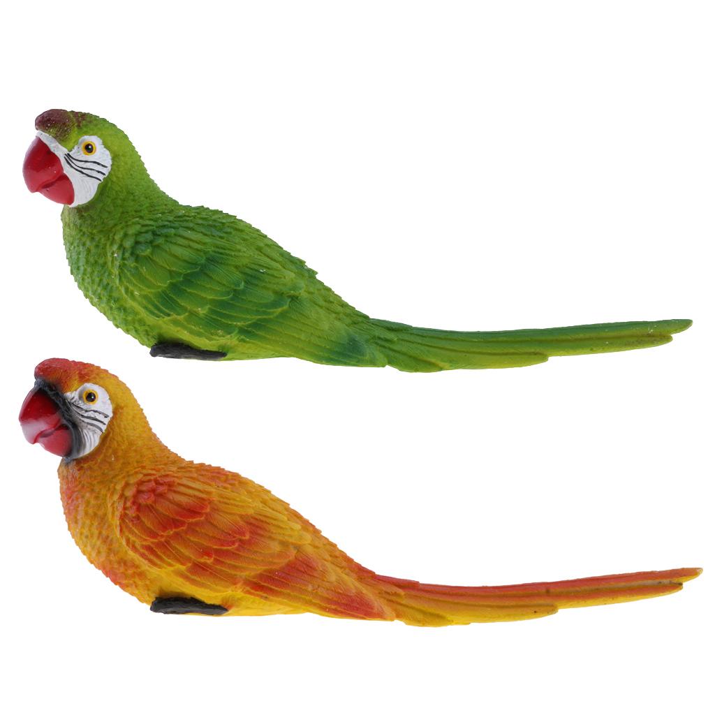 2x Realistic Parrot Resin Birds Animal Ornament 29cm Lying Yellow & Green