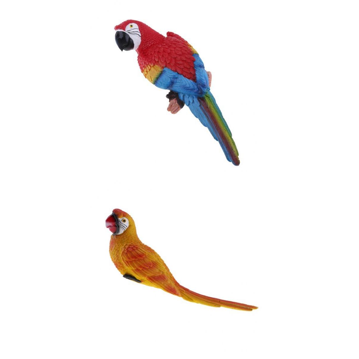 2x Realistic Parrot Resin Bird Animal 31cm Red Look Left & 29cm Yellow Lying