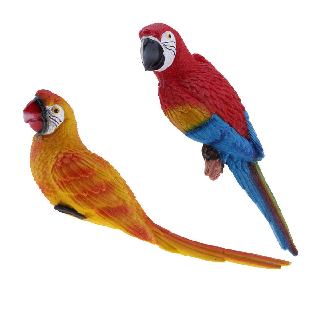 2x Realistic Parrot Resin Bird Animal 31cm Red Look Left & 29cm Yellow Lying