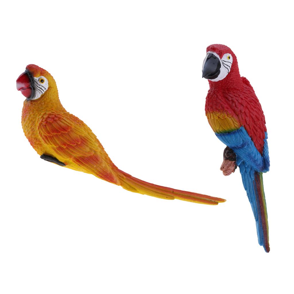 2x Realistic Parrot Resin Bird Animal 31cm Red Look Left & 29cm Yellow Lying
