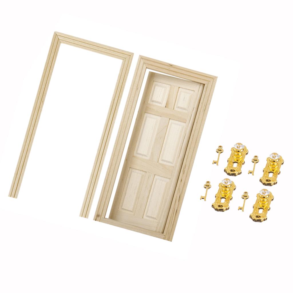 1/12 Dollhouse Miniature 6-Panel Interior Wooden Door With Lock And Keys