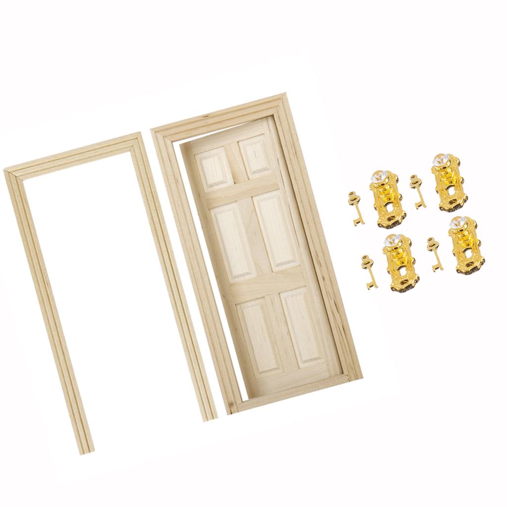1/12 Dollhouse Miniature 6-Panel Interior Wooden Door With Lock And Keys