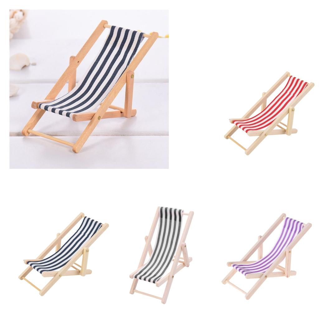 4pcs Mini Foldable Striped Wooden Lounge Chairs for 1/12 Dollhouse Furniture