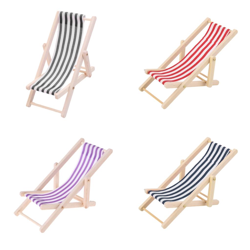4pcs Mini Foldable Striped Wooden Lounge Chairs for 1/12 Dollhouse Furniture