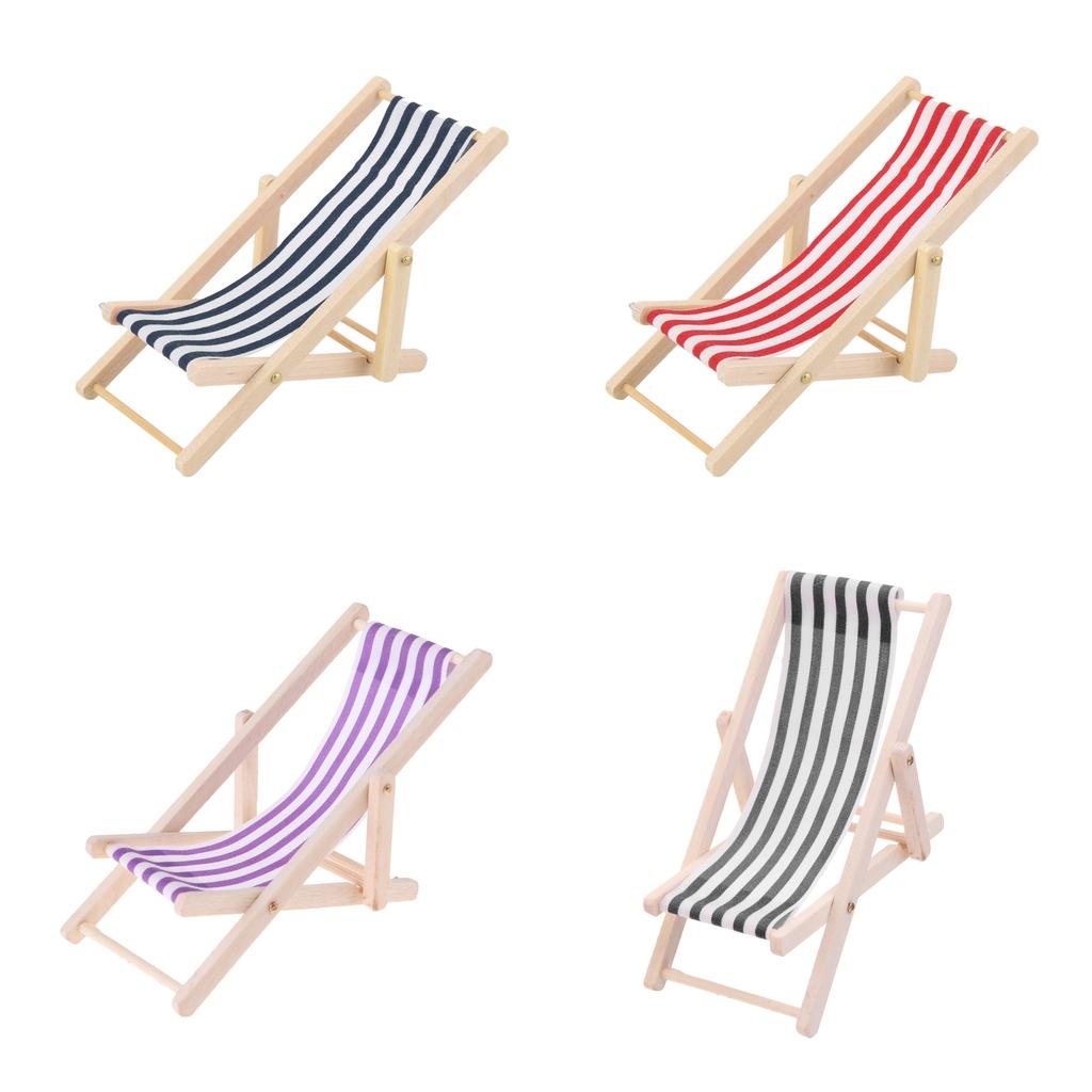 4pcs Mini Foldable Striped Wooden Lounge Chairs for 1/12 Dollhouse Furniture
