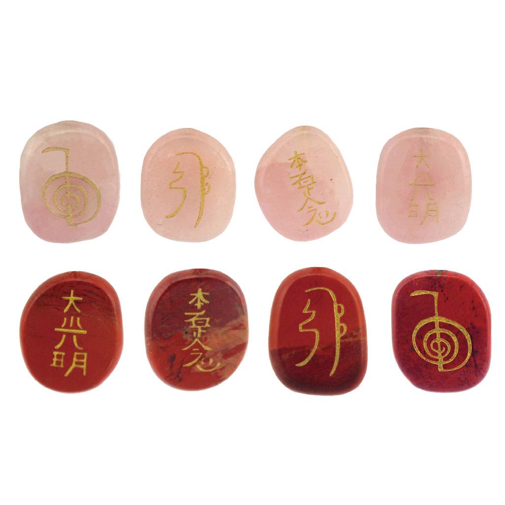 8pcs Engraved Reiki Energy Crystal Stones Magic Scrying Stones Red & Pink