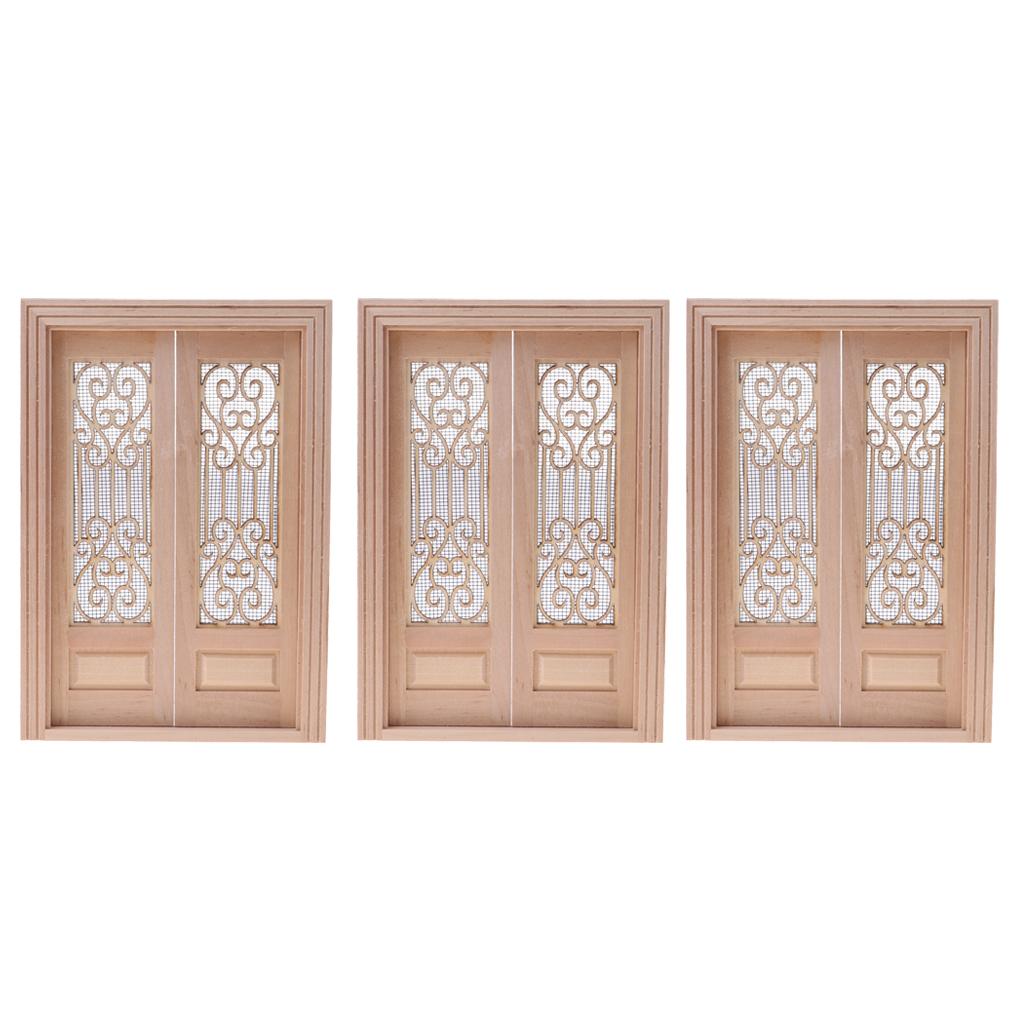 1/12 Dollhouse Mini Wood External Hollow Screen Double Door Unpainted 3 Set