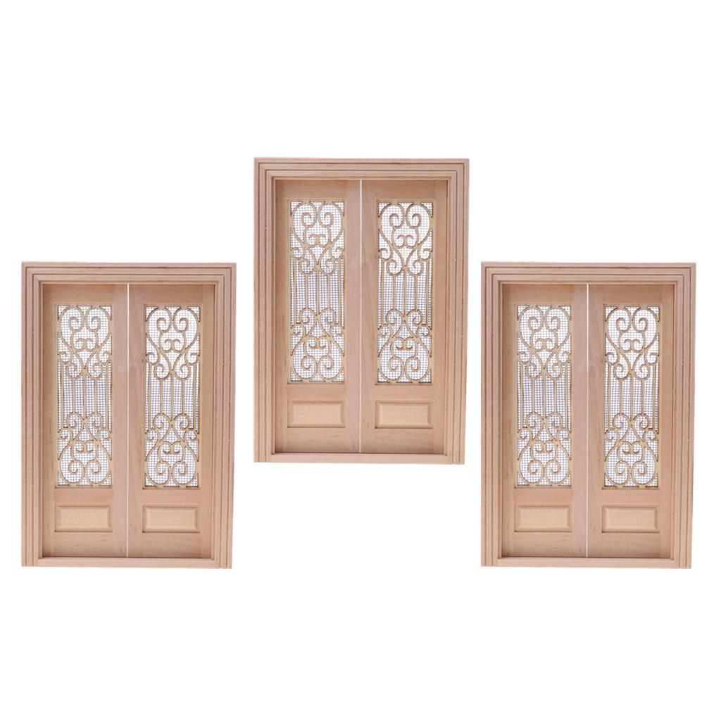 1/12 Dollhouse Mini Wood External Hollow Screen Double Door Unpainted 3 Set