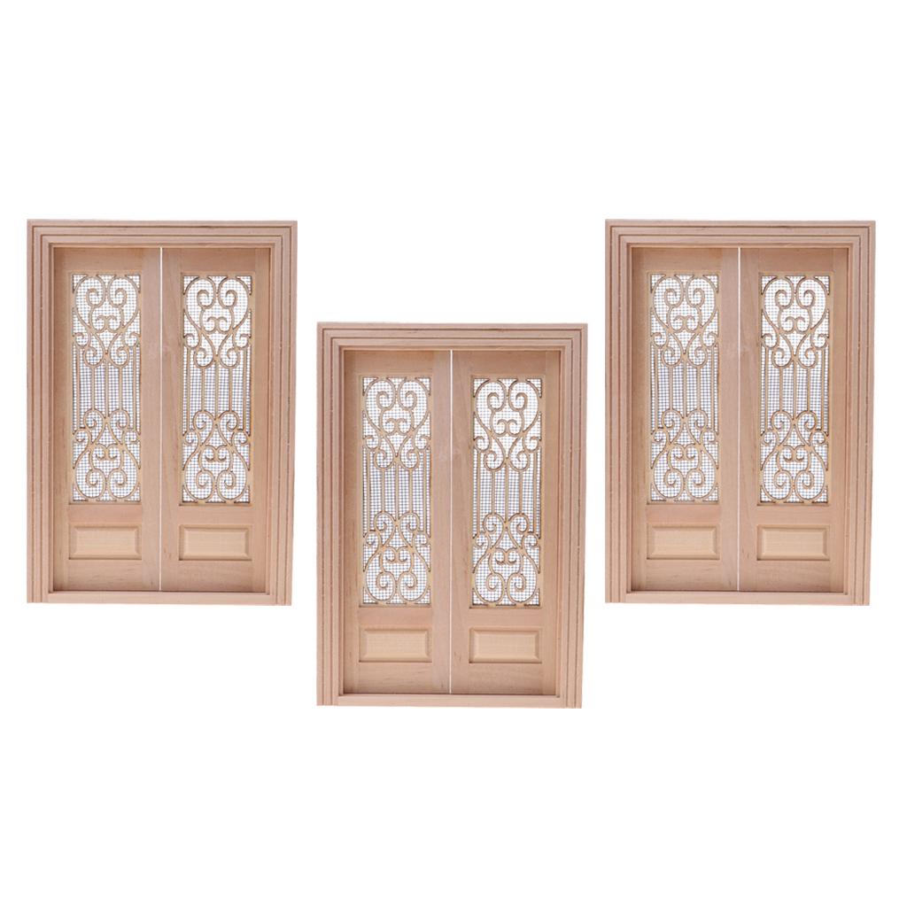 1/12 Dollhouse Mini Wood External Hollow Screen Double Door Unpainted 3 Set