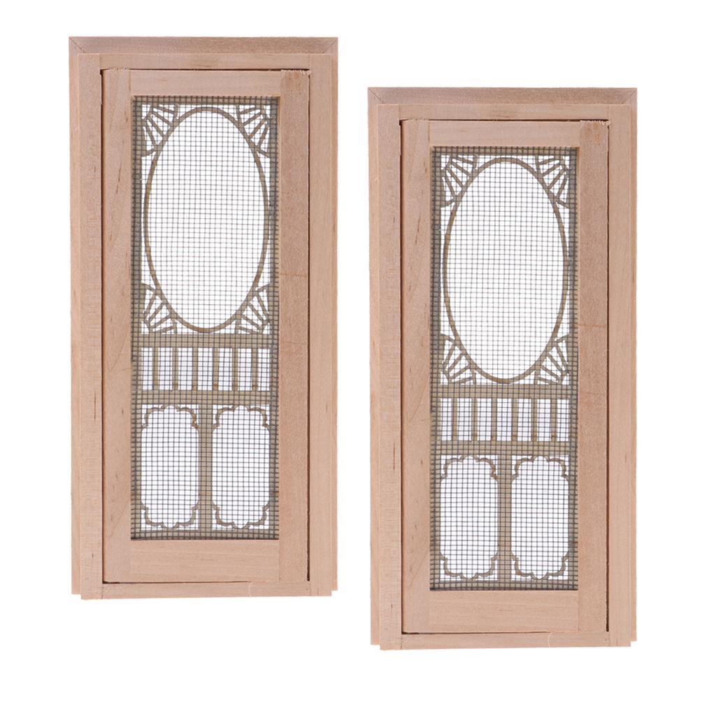 2 Set 1/12 Dollhouse Miniature Wood External Hollow Screen Door Unpainted