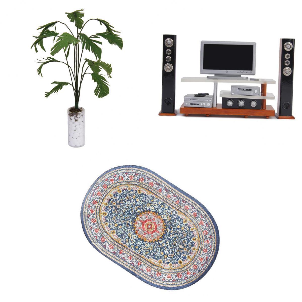 1/12 Dollhouse Mini Decoration Audio Equipment Set Woven Rug And Banana Tree
