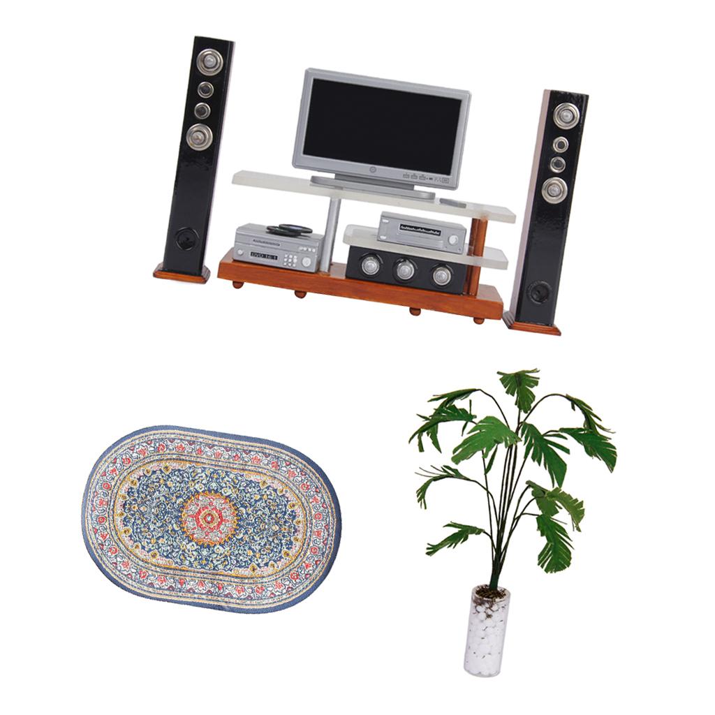 1/12 Dollhouse Mini Decoration Audio Equipment Set Woven Rug And Banana Tree