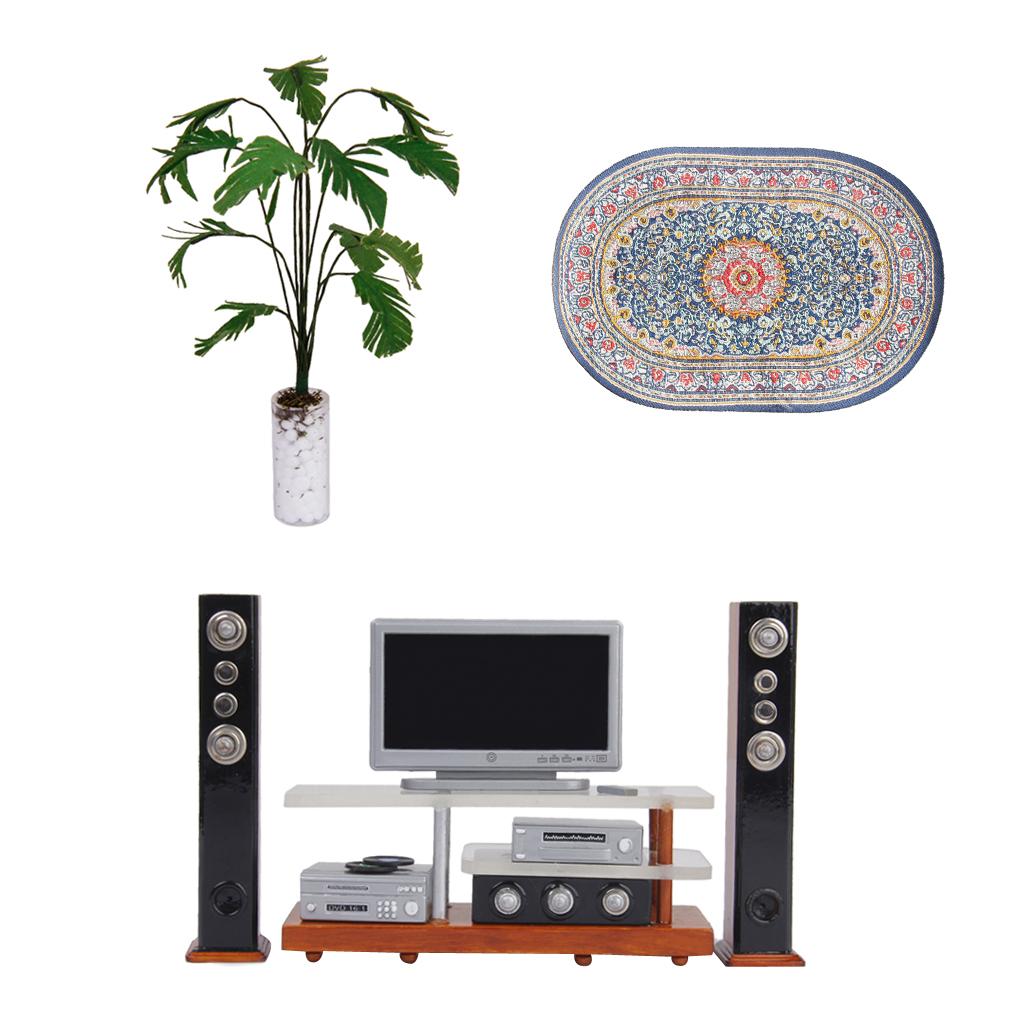1/12 Dollhouse Mini Decoration Audio Equipment Set Woven Rug And Banana Tree