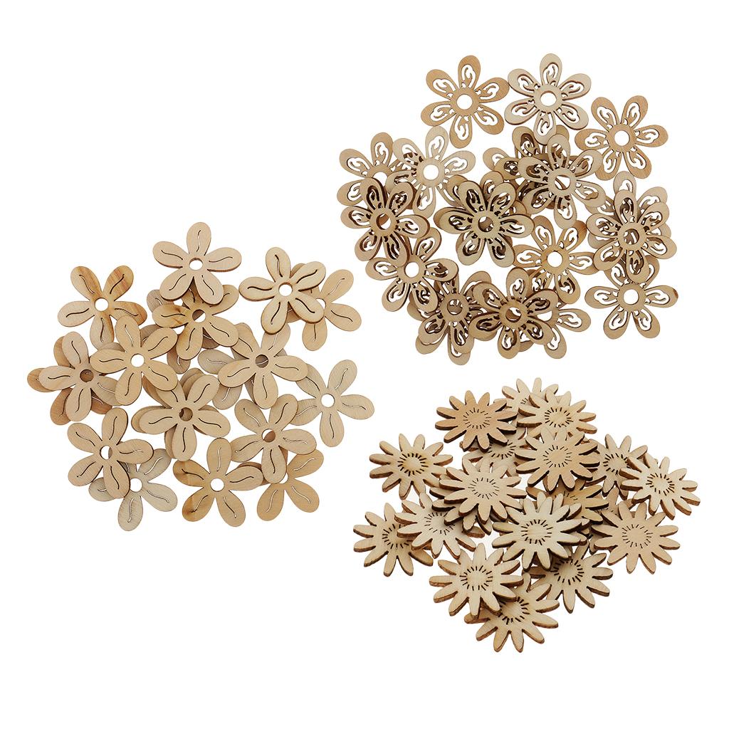 60 Pcs 35 mm Unfinished Hollow Flower Shape Wooden Pieces DIY Embellishment