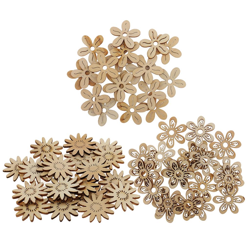 60 Pcs 35 mm Unfinished Hollow Flower Shape Wooden Pieces DIY Embellishment