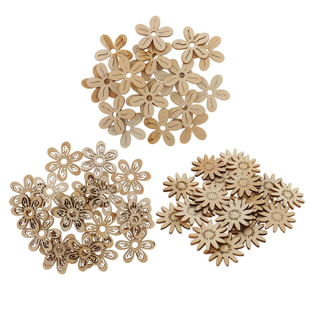 60 Pcs 35 mm Unfinished Hollow Flower Shape Wooden Pieces DIY Embellishment