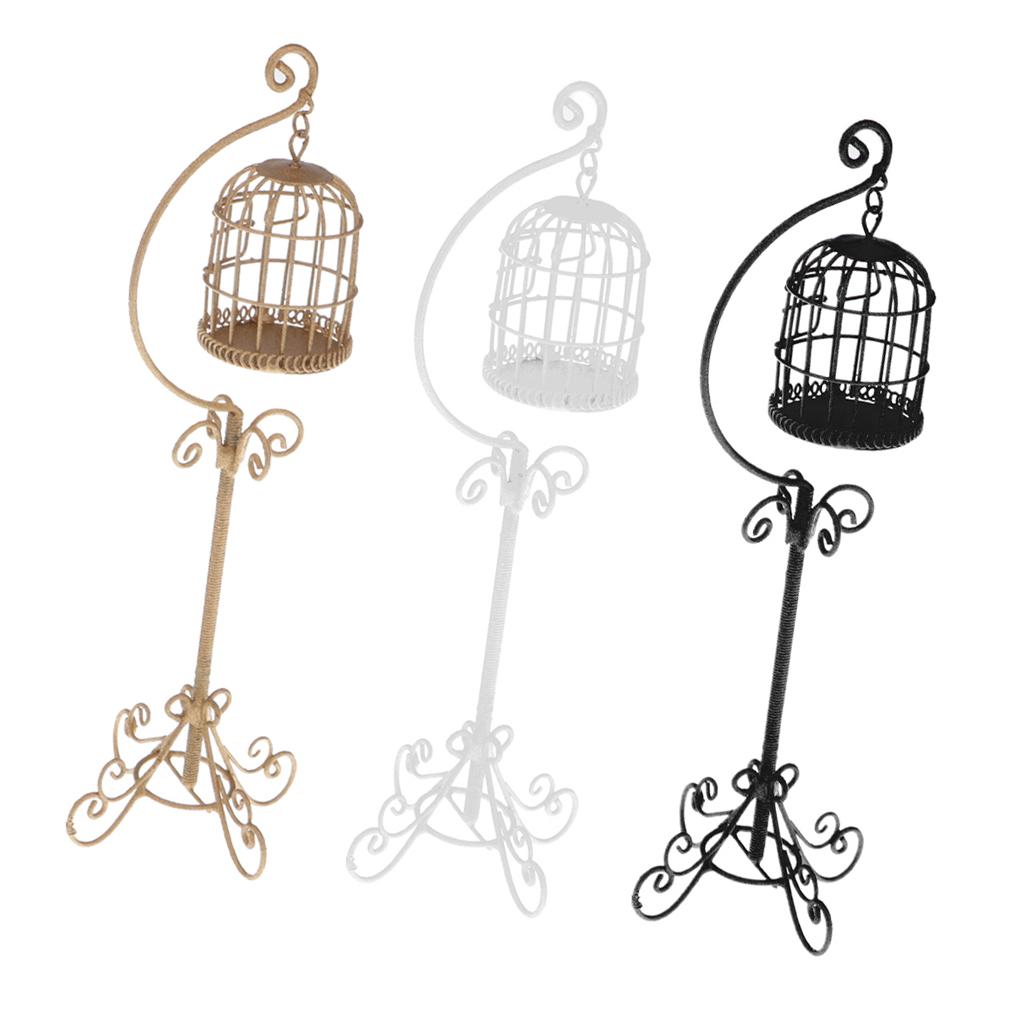 3 Pieces 1:12 Scale Metal Bird Cages with Stand Dollhouse Miniature