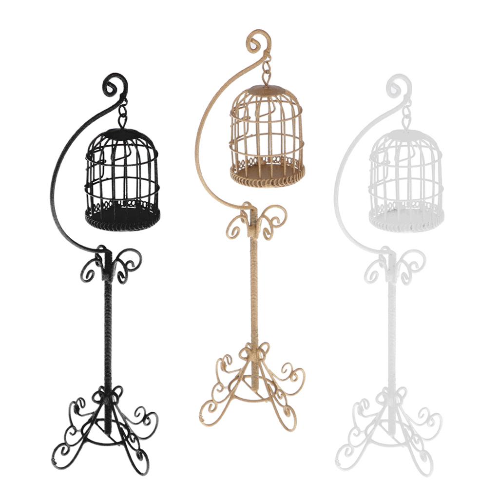 3 Pieces 1:12 Scale Metal Bird Cages with Stand Dollhouse Miniature