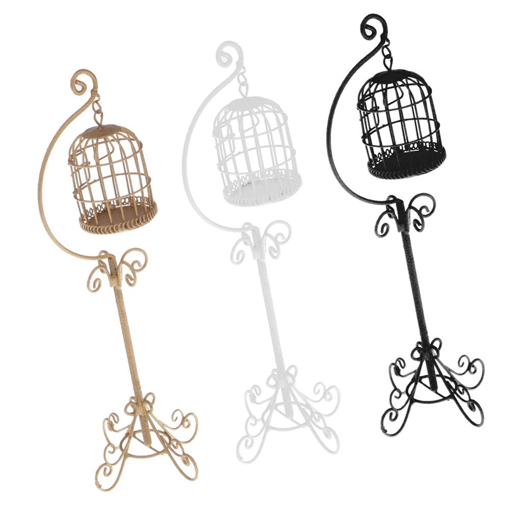 3 Pieces 1:12 Scale Metal Bird Cages with Stand Dollhouse Miniature