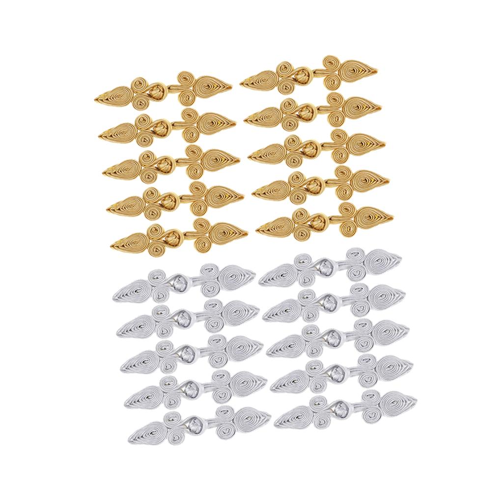 20 Pairs Chinese Frog Closure Buttons Knot Sewing Fasteners Silver/Gold