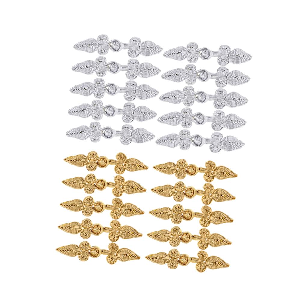 20 Pairs Chinese Frog Closure Buttons Knot Sewing Fasteners Silver/Gold