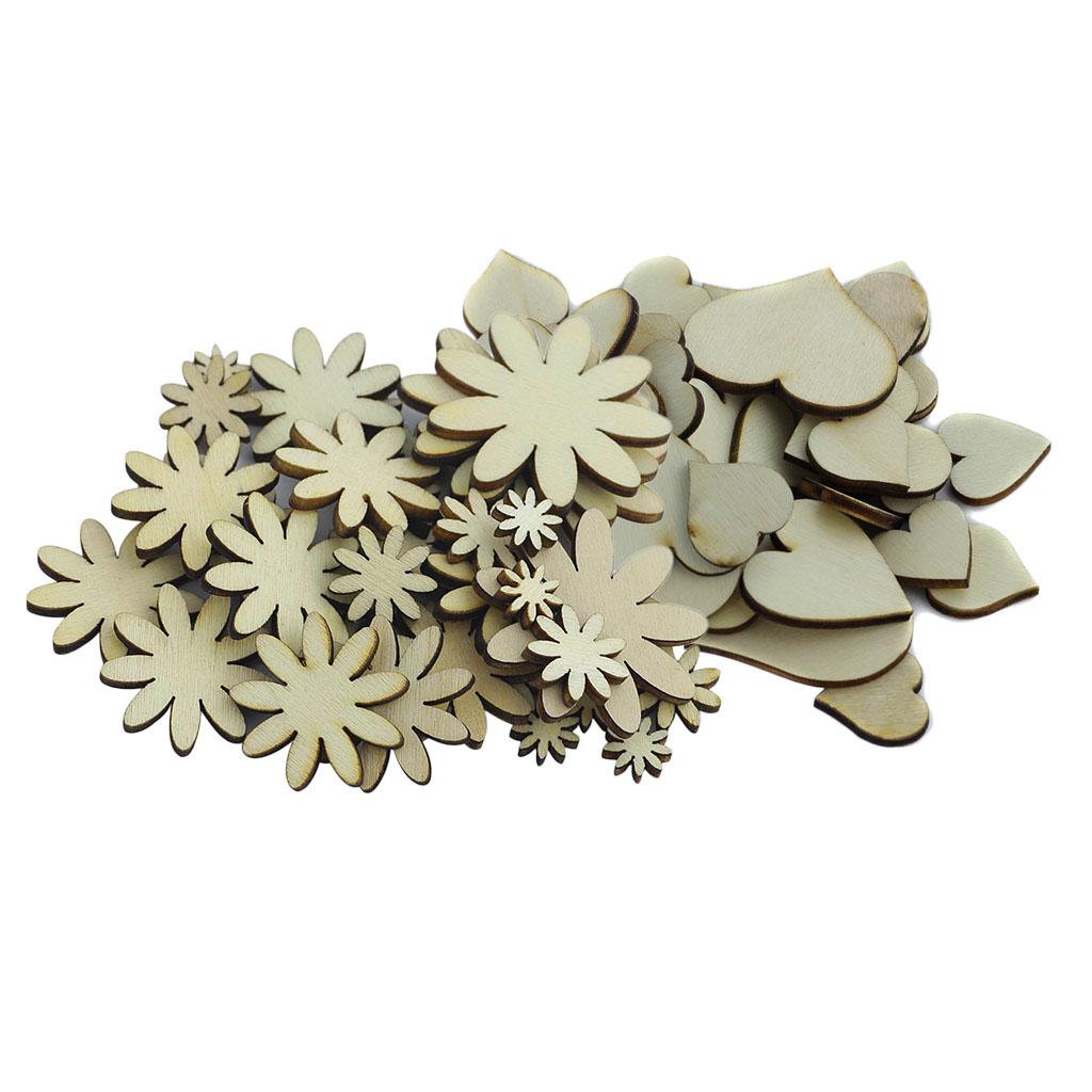 100 Pieces Mixed Size Flower Heart Shape Wooden Embellishments for DIY Craft