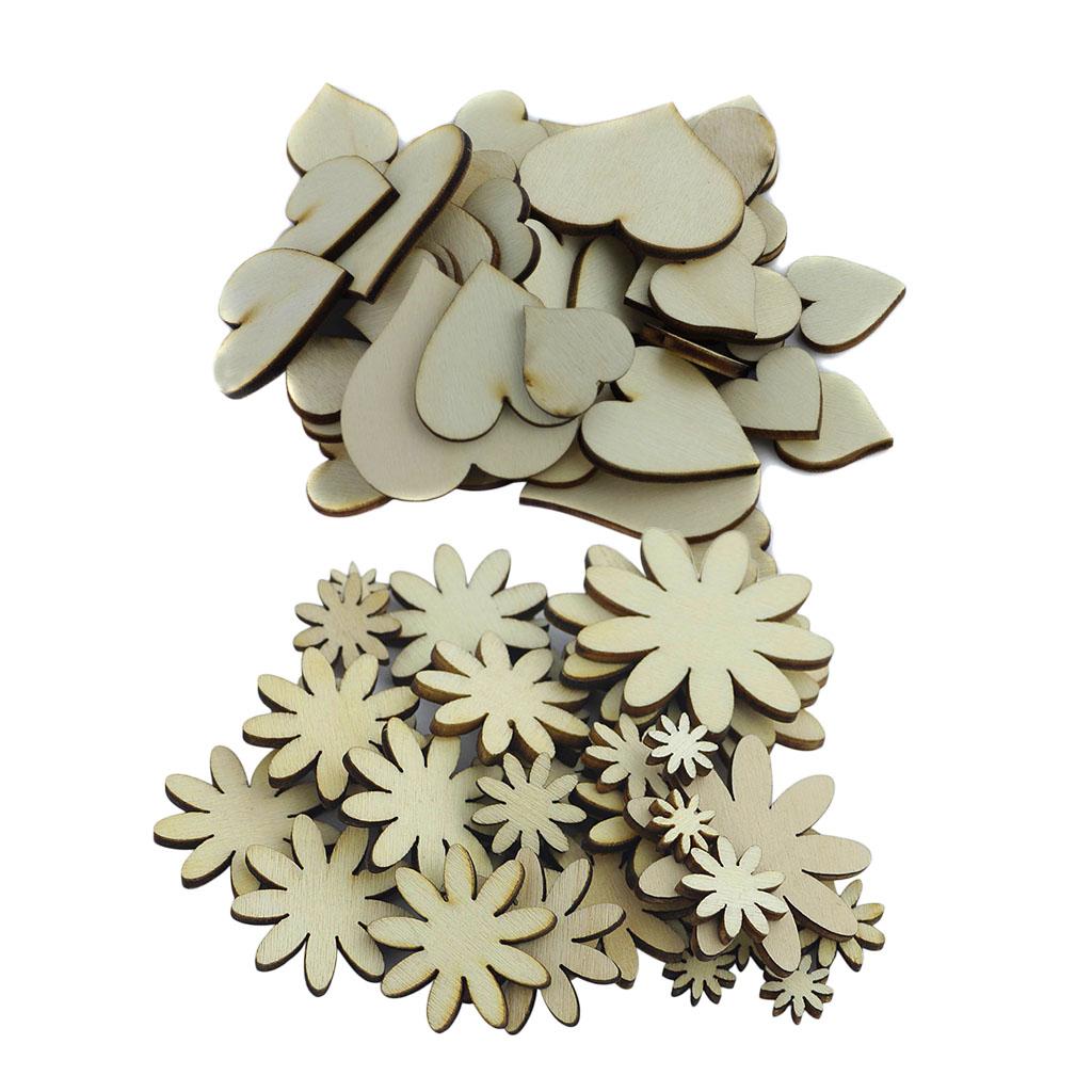 100 Pieces Mixed Size Flower Heart Shape Wooden Embellishments for DIY Craft