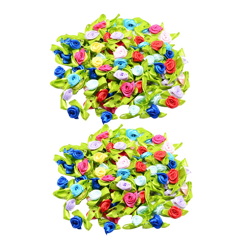 200 Pieces Mini Satin Ribbon Rose Flowers Leaf Sewing Embellishment Craft