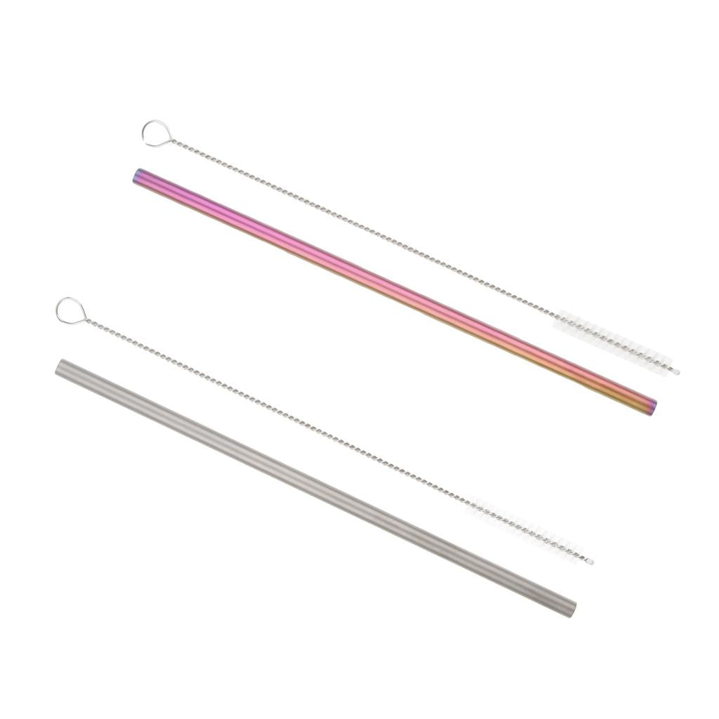 2 Pieces 192mm Long Titanium Drinking Straws with Cleaning Brush Straight
