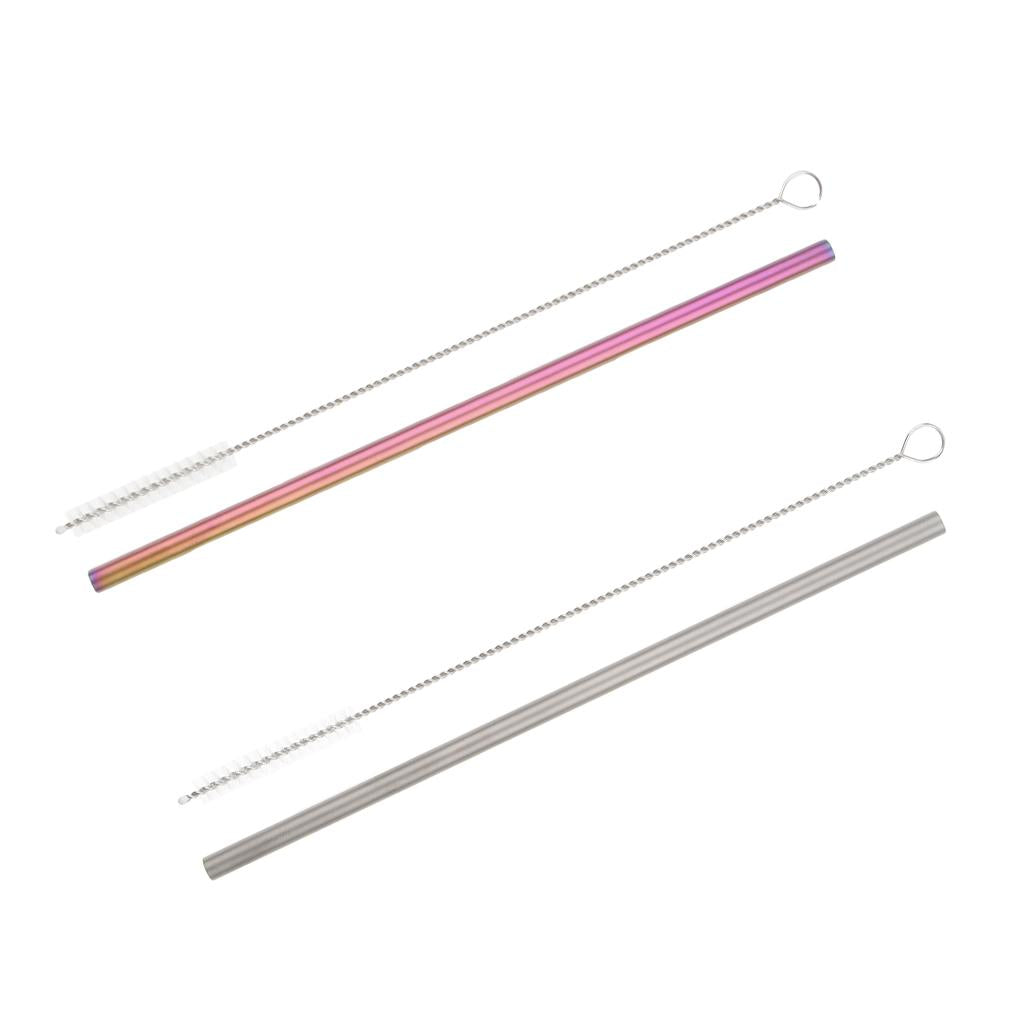 2 Pieces 192mm Long Titanium Drinking Straws with Cleaning Brush Straight