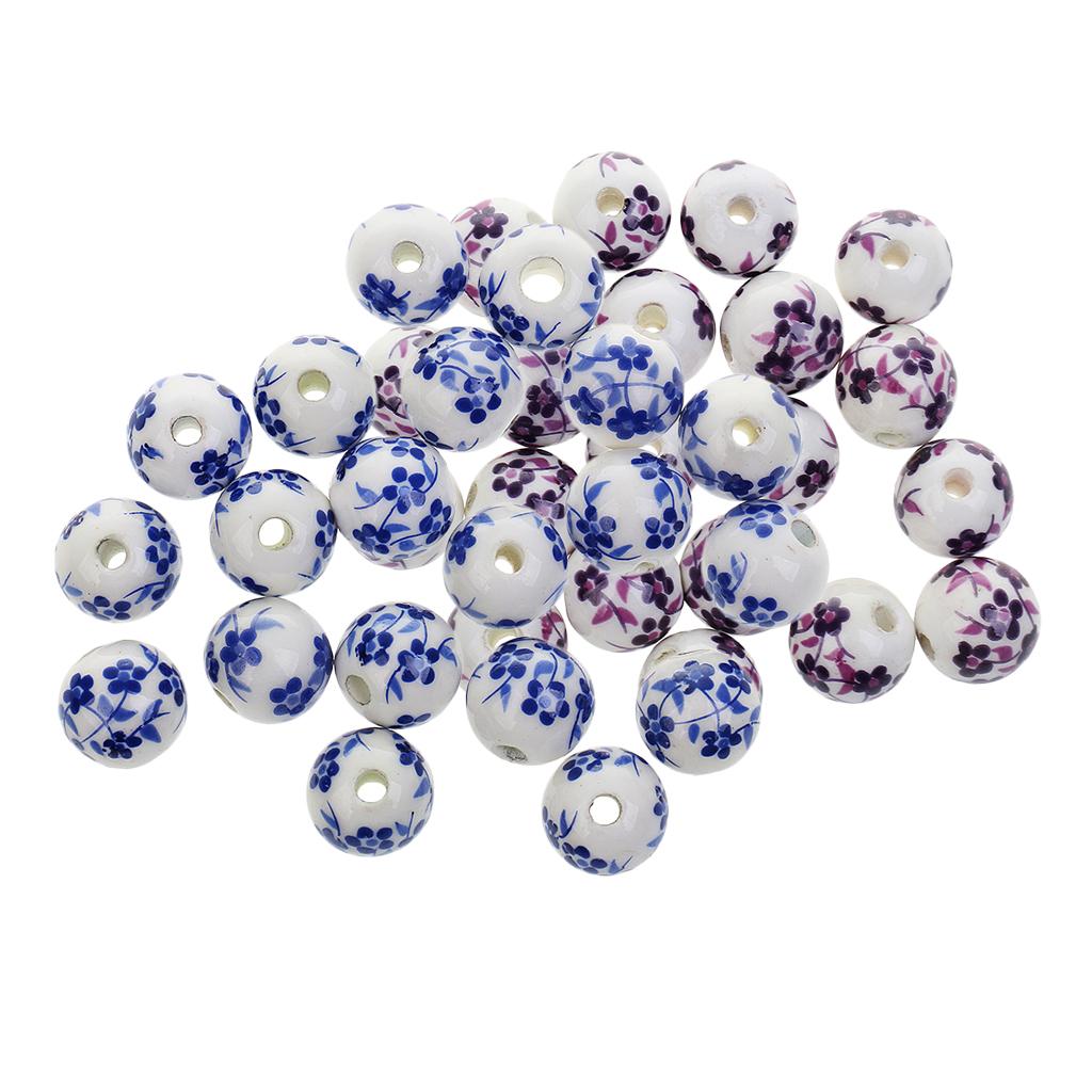 40Pcs Purple+ Blue Flower Ceramic Charms Porcelain DIY Loose Spacer Beads