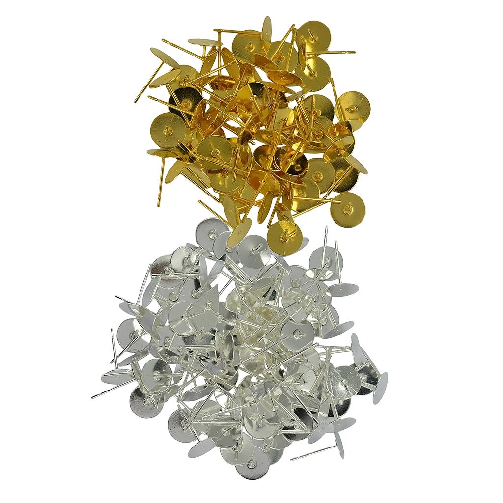 200Pcs Blank Pad Stud Earring Post Ear Stud Gold+Silver White Earbob Metal