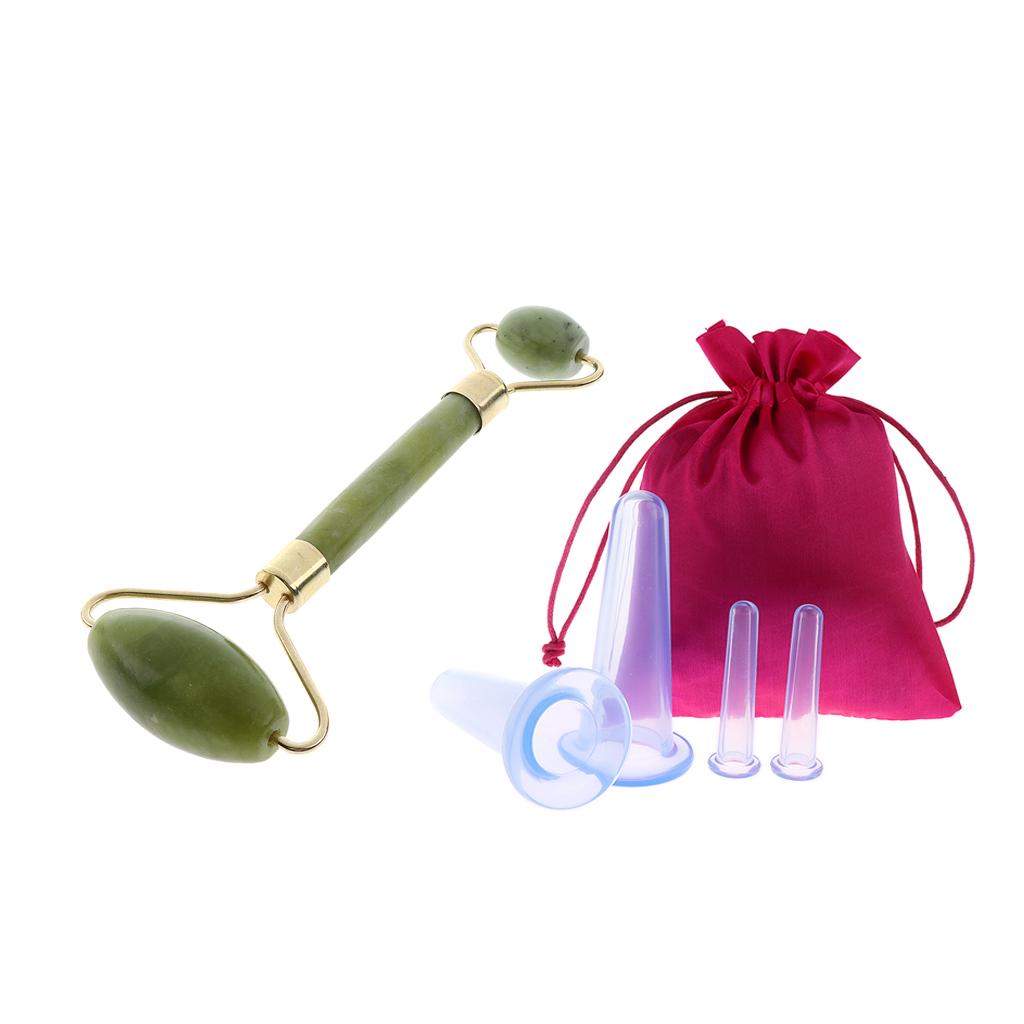 4pcs Silicone Anti Cellulite Massage Vacuum Cupping Cups Set + Jade Roller