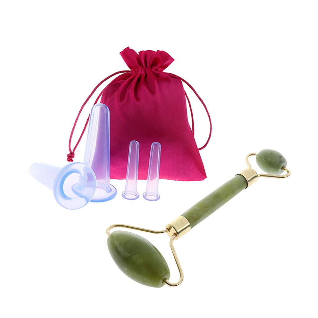 4pcs Silicone Anti Cellulite Massage Vacuum Cupping Cups Set + Jade Roller