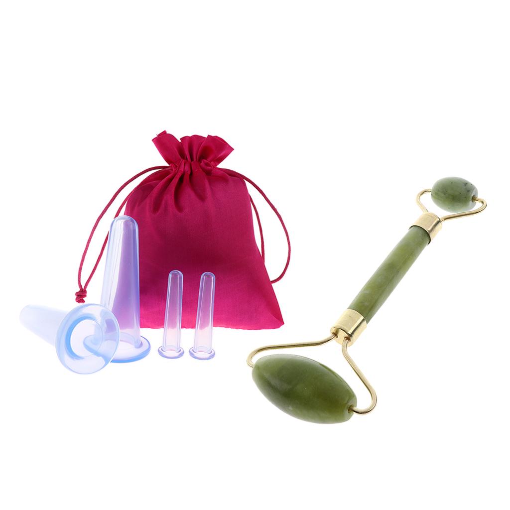 4pcs Silicone Anti Cellulite Massage Vacuum Cupping Cups Set + Jade Roller