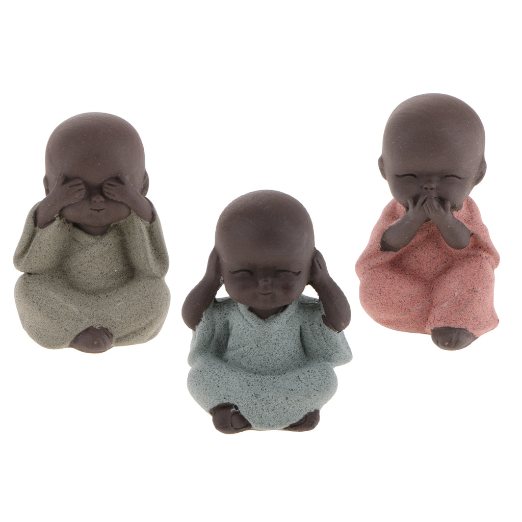 3x Ceramic Small Buddha Statue Monk Figurine Tea pet Decorative Ornaments