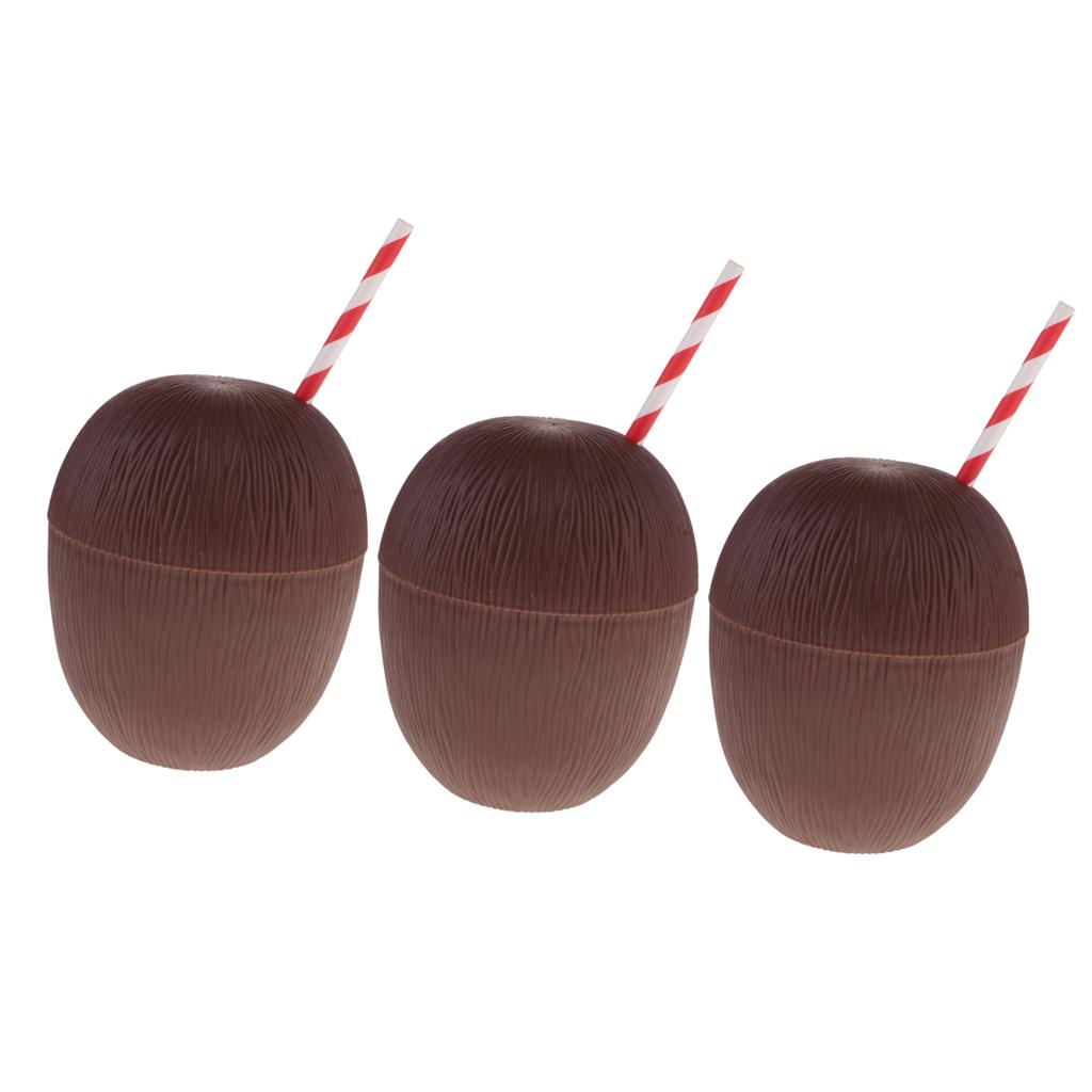 3 Pieces Plastic Fruit Coconut Drink Cup Straw Hawaiian Luau Tropical Party